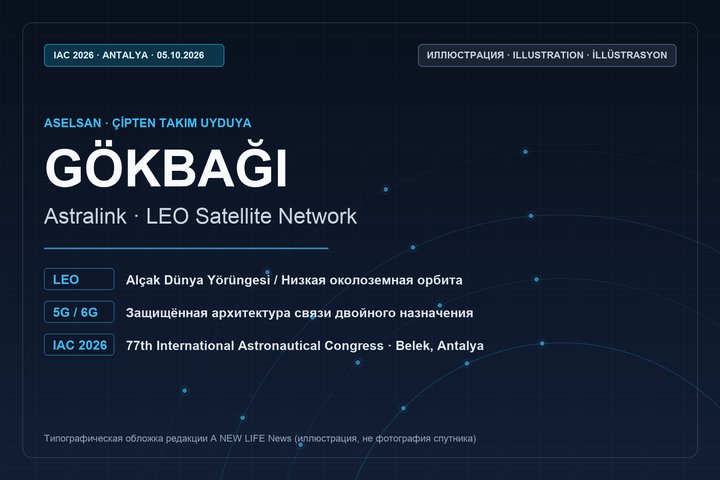 Типографическая иллюстрация проекта низкоорбитальной спутниковой связи ASELSAN GÖKBAĞI (Astralink) на конгрессе IAC 2026 в Анталье